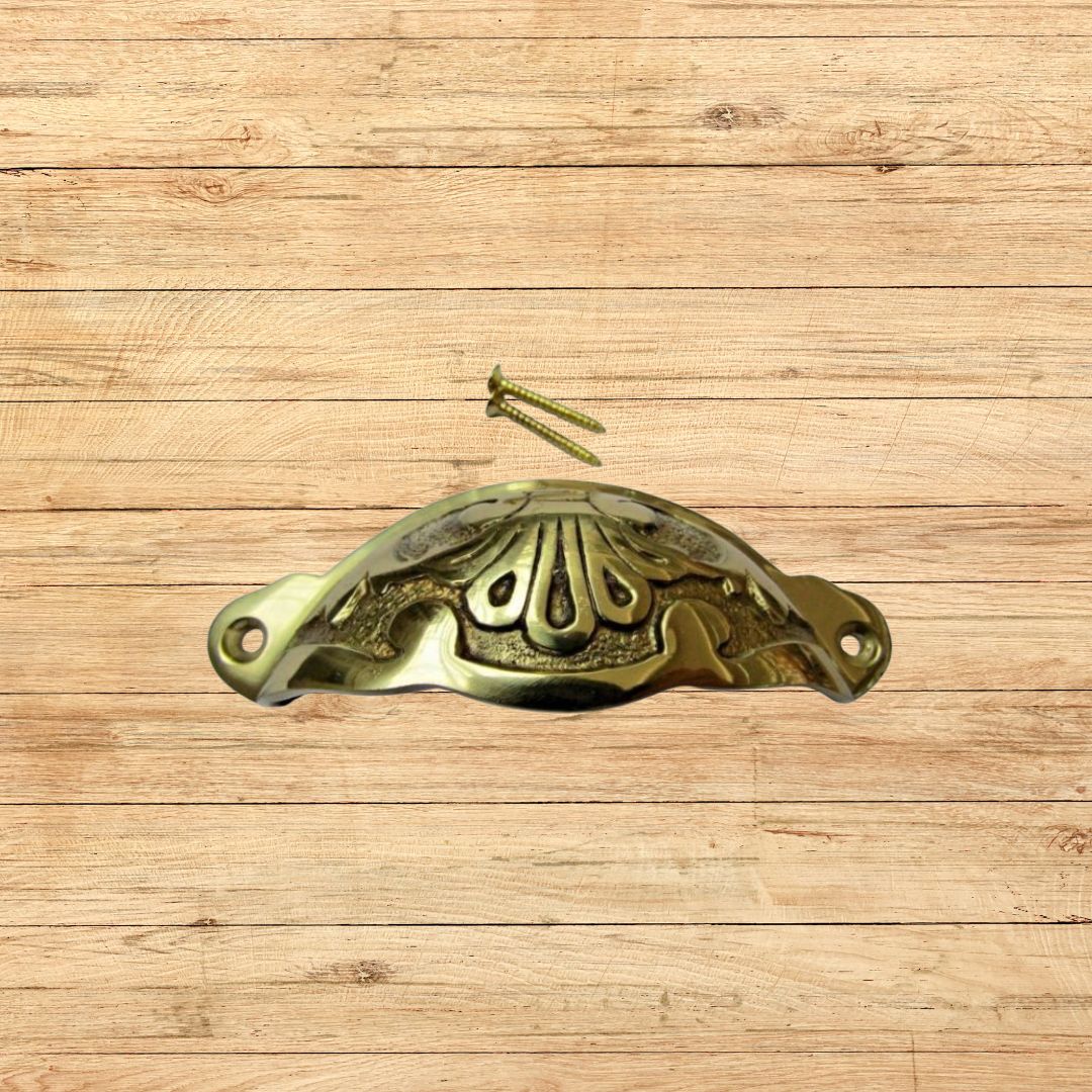 Floral Cup Pull Handle Polished Brass on Brass
