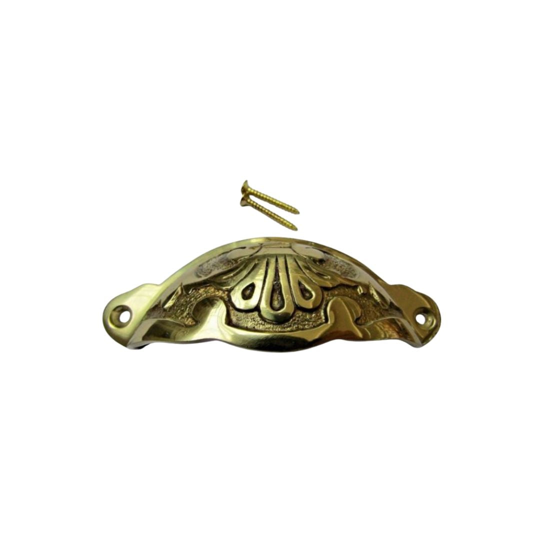 Floral Cup Pull Handle Polished Brass on Brass
