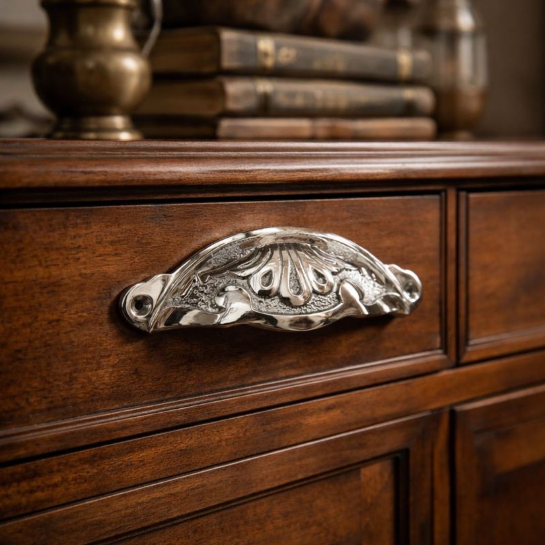 Floral Cup Pull Handle Polished Chrome on Brass
