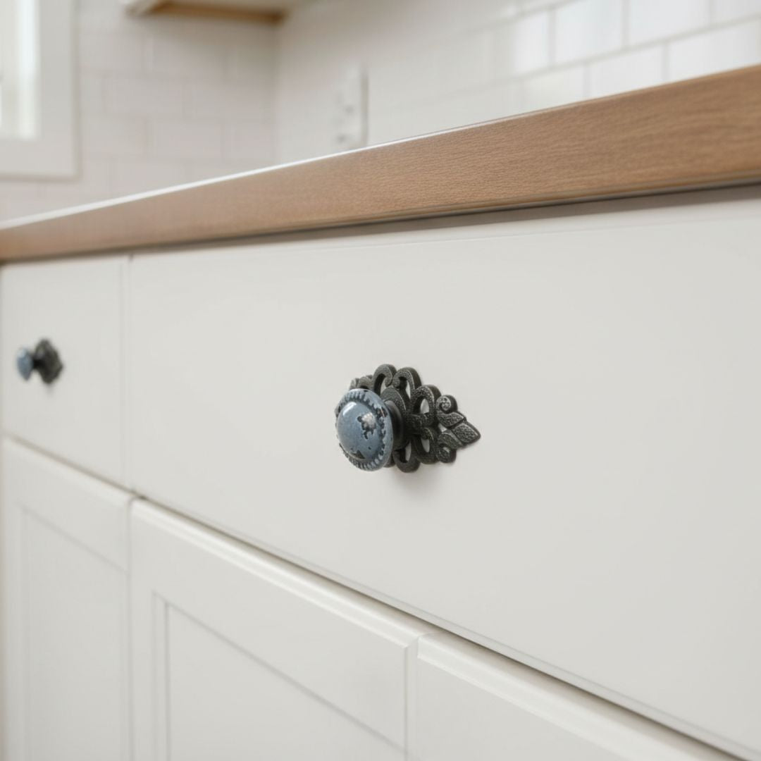 French Grey Glazed Cabinet Knob with back plate
