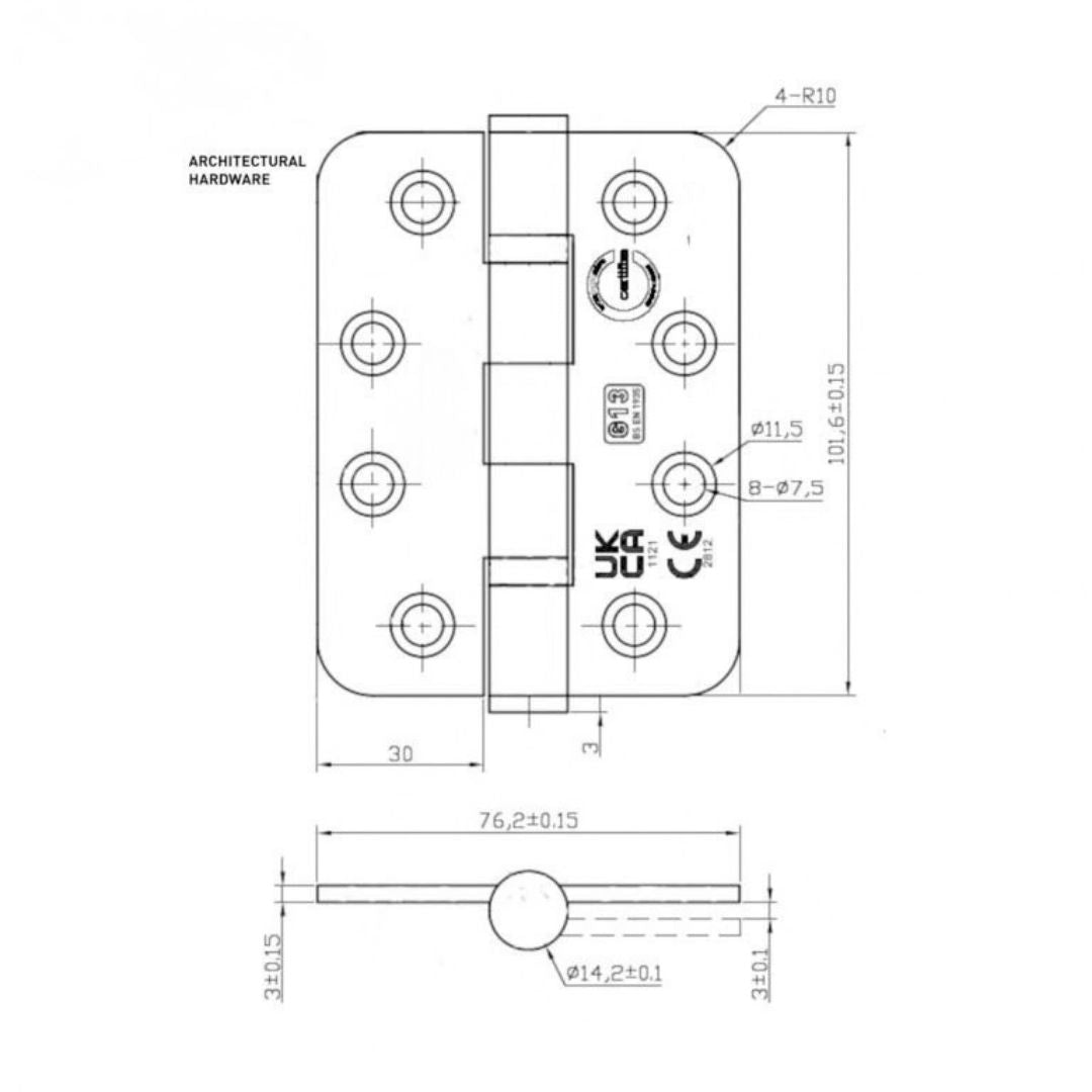 Fire Rated Radius Ball Bearing Door Hinge 102x76mm Grade 13