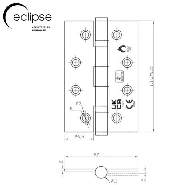 Fire Rated Slim Knuckle Ball Bearing Door Hinge 102x67x2mm