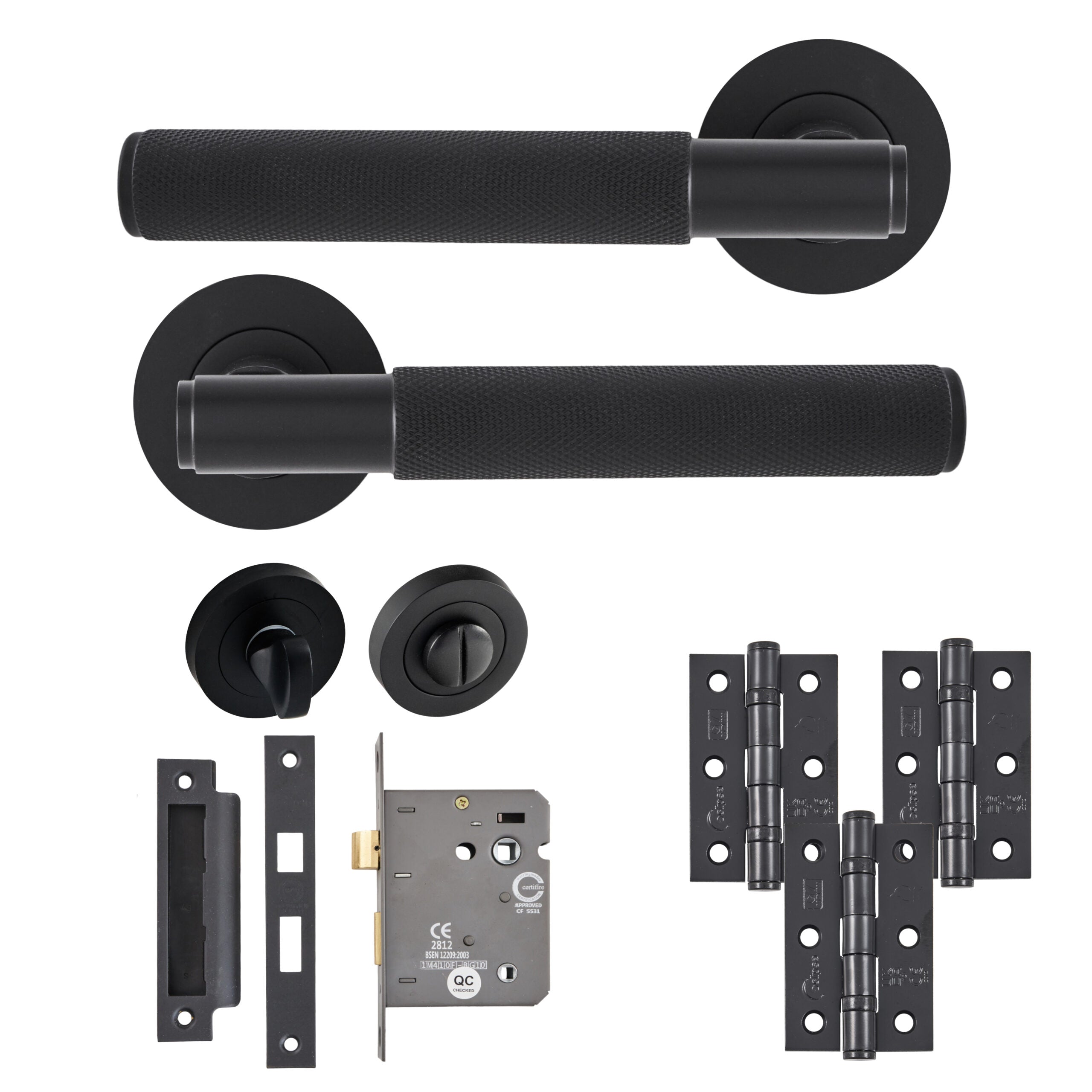 Knurled Door Lever Bathroom Pack with Hinges
