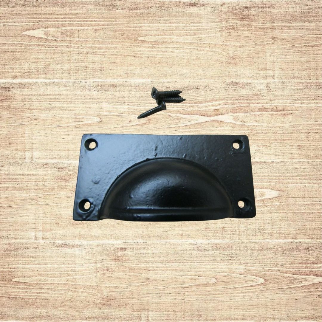 Large Lipped Rectangular Cup Pull Handle Black Antique
