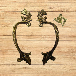 Pair Of Decorative Leaf Cabinet Pull Handles Antique Brass