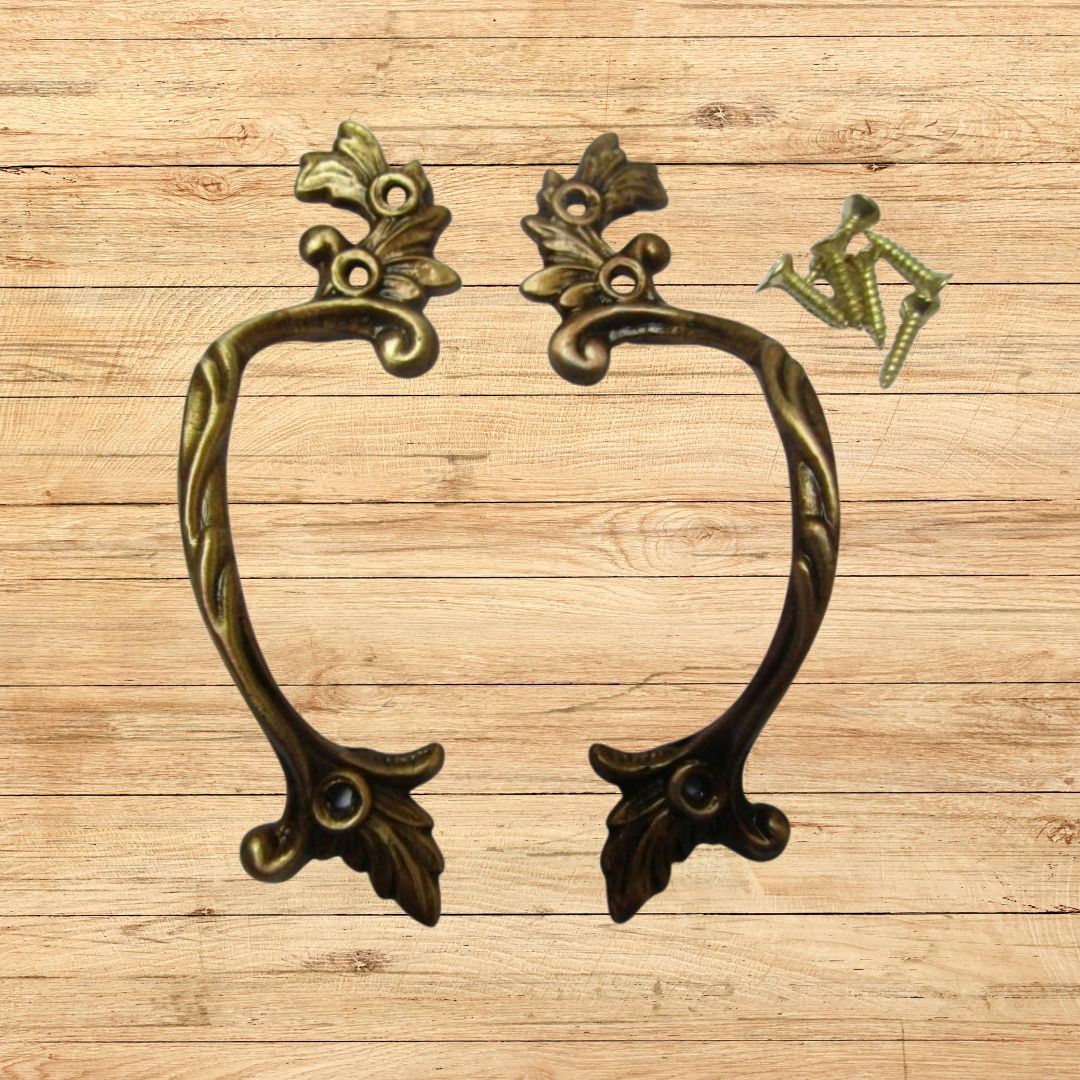 Pair Of Decorative Leaf Cabinet Pull Handles Antique Brass