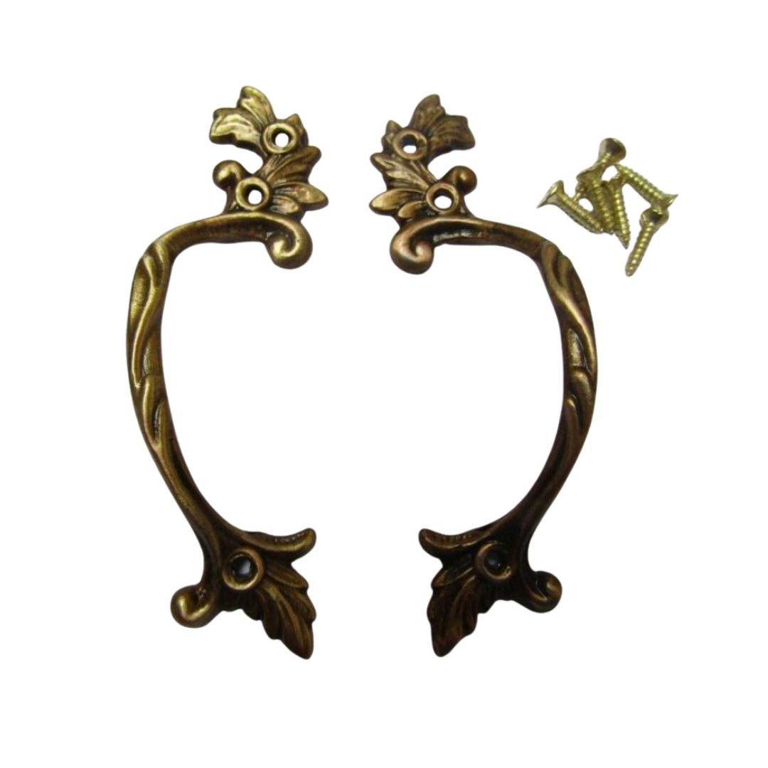 Pair Of Decorative Leaf Cabinet Pull Handles Antique Brass