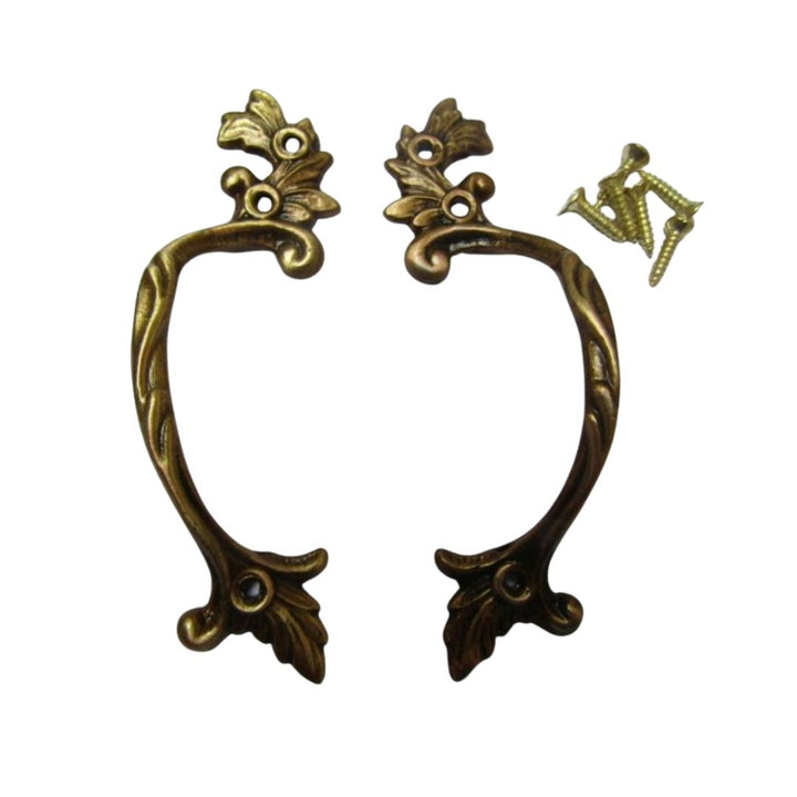 Pair Of Decorative Leaf Cabinet Pull Handles Antique Brass