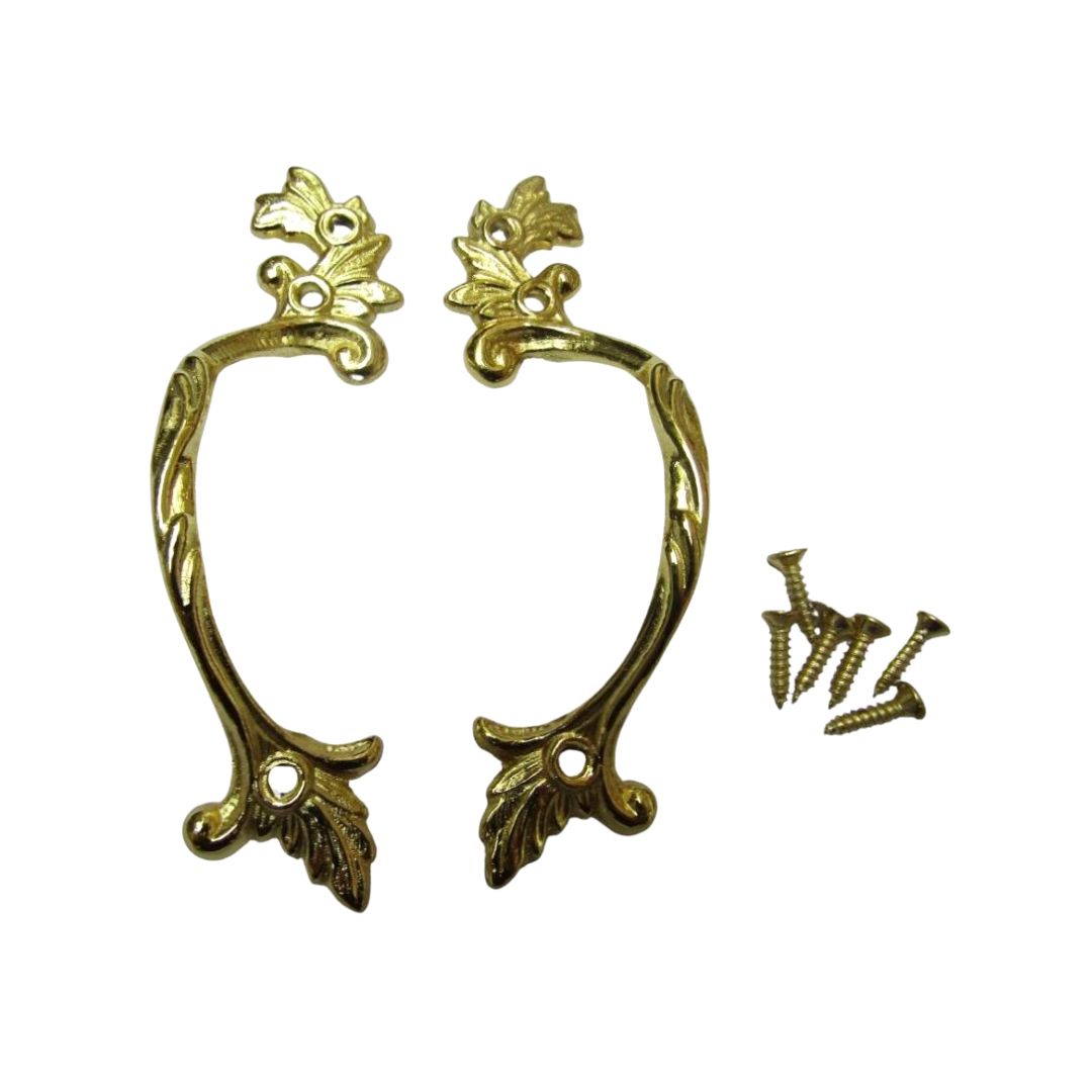 Pair Of Decorative Leaf Cabinet Pull Handles Polished Brass
