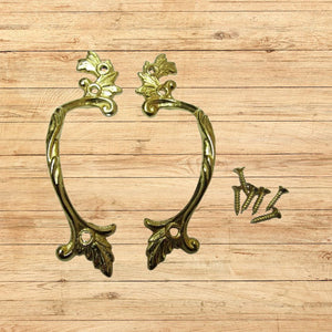 Pair Of Decorative Leaf Cabinet Pull Handles Polished Brass