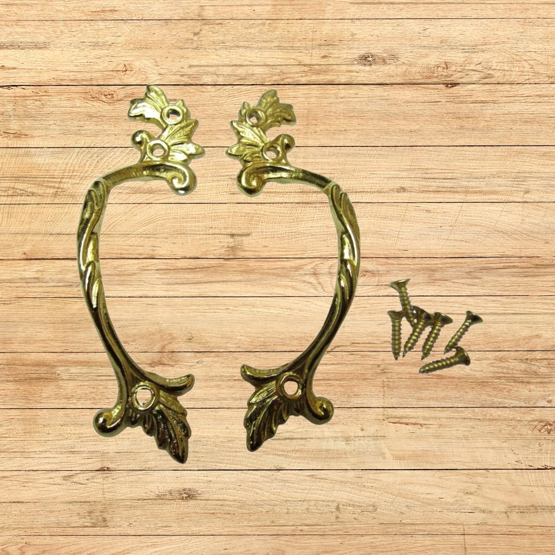 Pair Of Decorative Leaf Cabinet Pull Handles Polished Brass