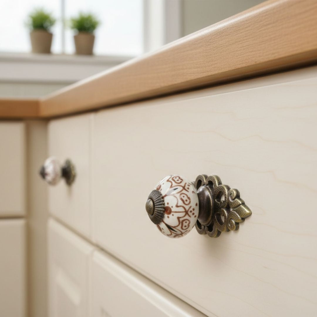 Patterned Cabinet Knob with Antique Brass Back Plate
