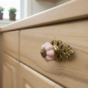 Pink Ceramic Cabinet Knob with Antique Brass Back Plate 