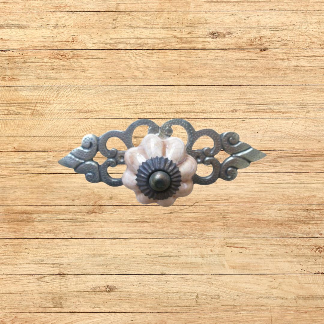 Pink Ceramic Cabinet Knob with Antique Brass Back Plate 
