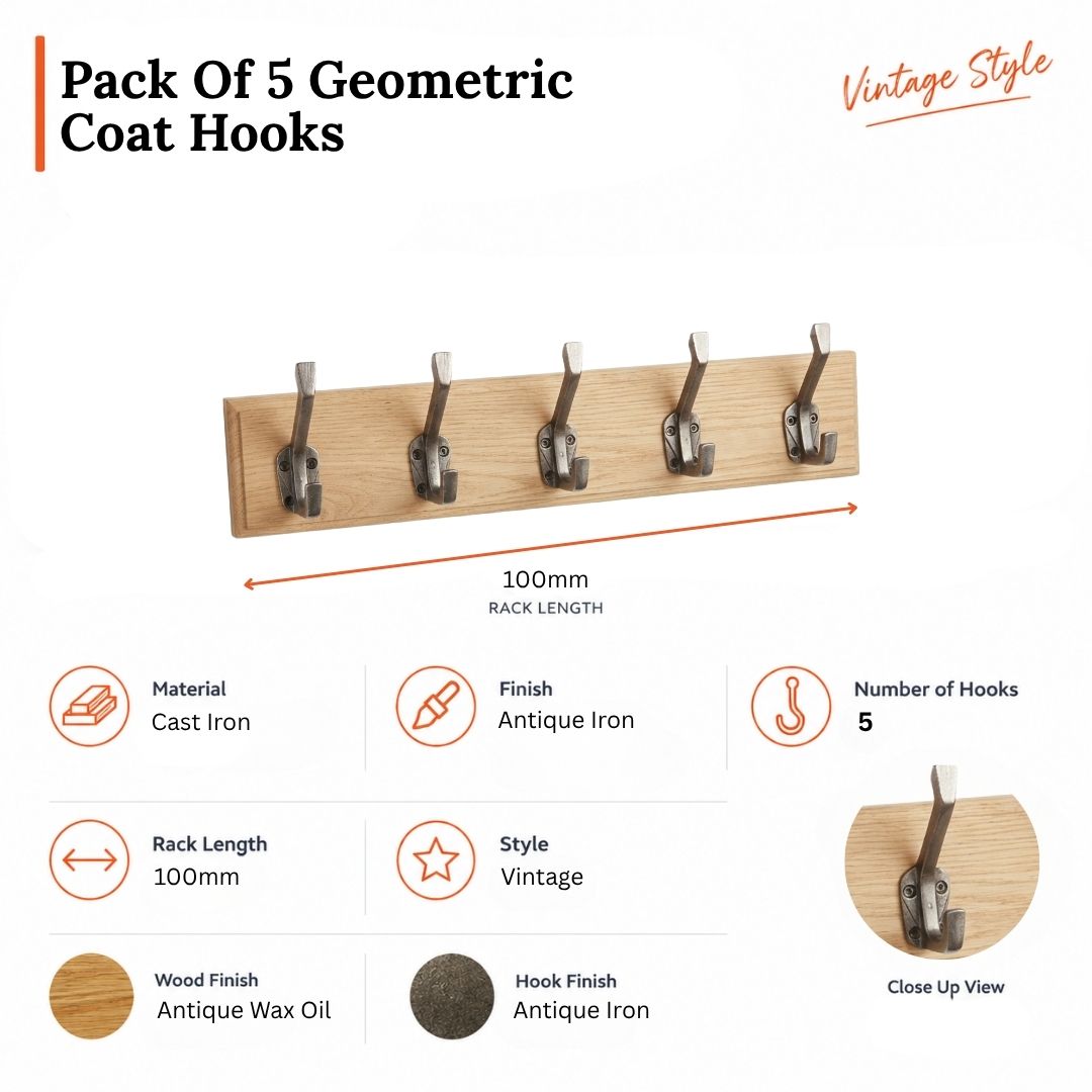 Pack Of 5 Geometric Coat Hooks Antique Iron