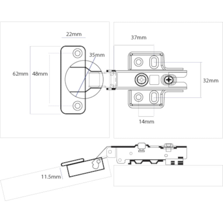 Slide-On Cabinet Hinge 105° Full Overlay 35mm – Standard Close (Pack of 2)