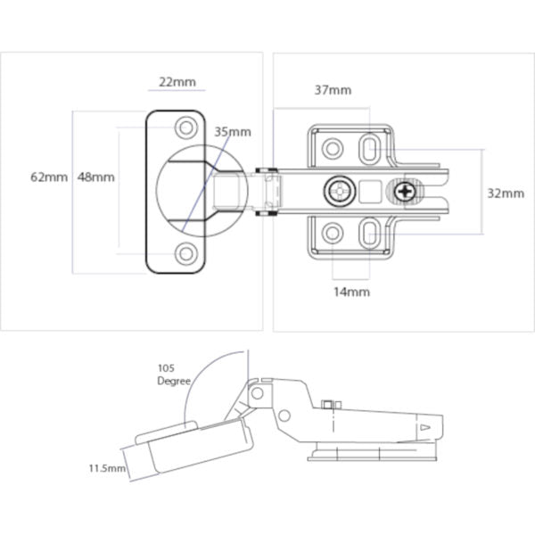 Slide-On Cabinet Hinge 105° Half Overlay 35mm – Standard Close (Pack of 2)