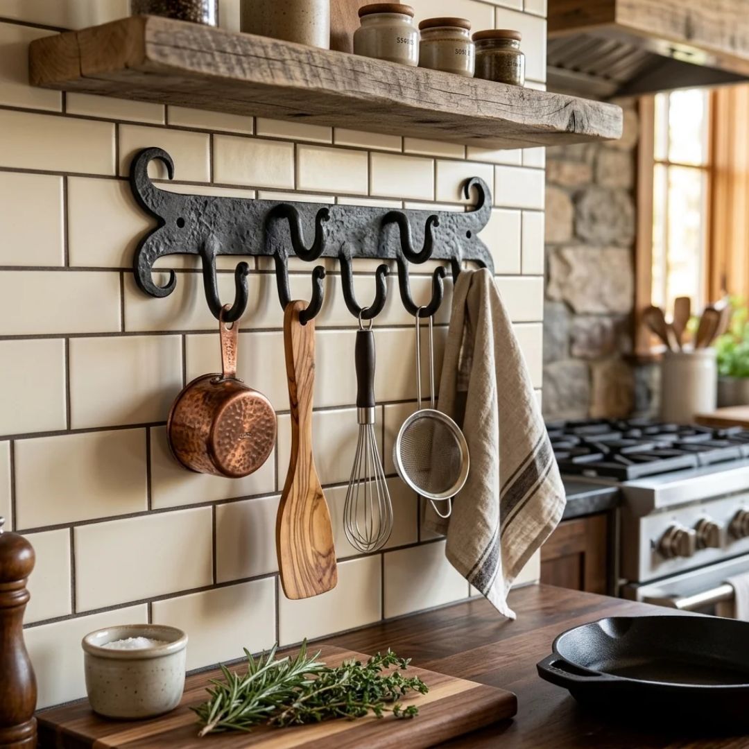 Small Curly Kitchen Hooks Rail Black Wax 230mm Hand Forged Vintage Rustic Utensil PotPan Rack_2
