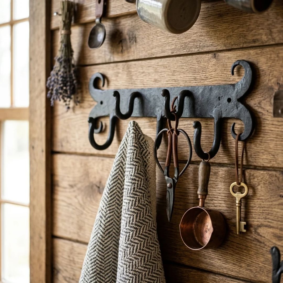 Small Curly Kitchen Hooks Rail Black Wax 230mm Hand Forged Vintage Rustic Utensil PotPan Rack_2