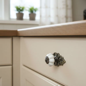 White Ceramic Cabinet Knob with Antique Brass Back Plate 