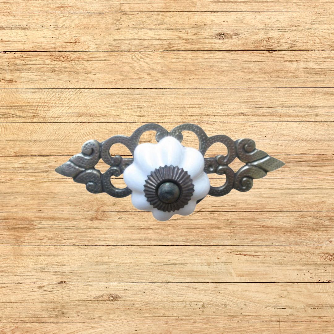 White Ceramic Cabinet Knob with Antique Brass Back Plate 