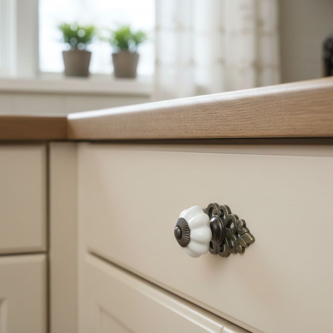 Bouton de meuble en céramique crème avec plaque arrière en laiton antique