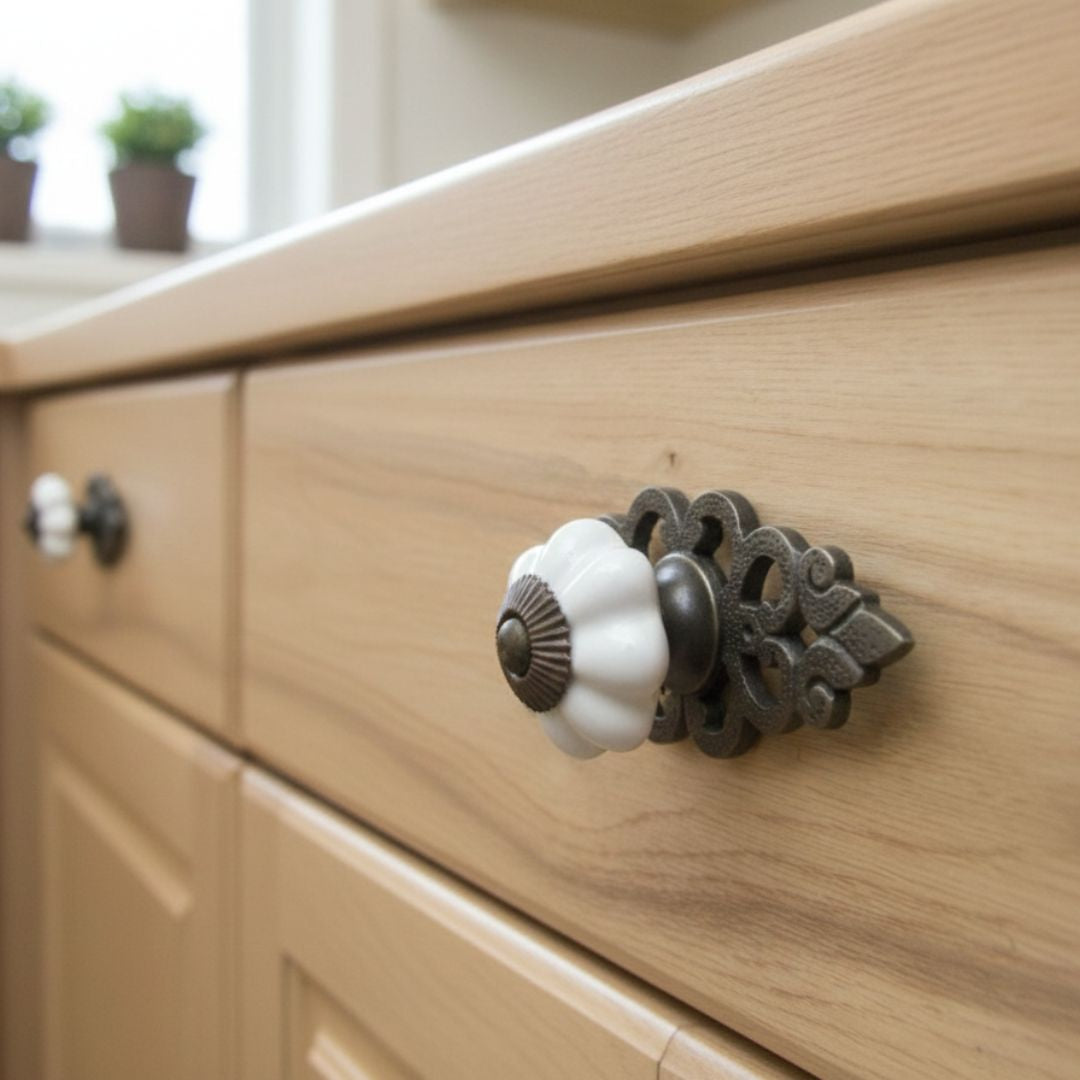 White Ceramic Cabinet Knob with Antique Iron Back Plate