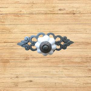 White Ceramic Cabinet Knob with Antique Iron Back Plate