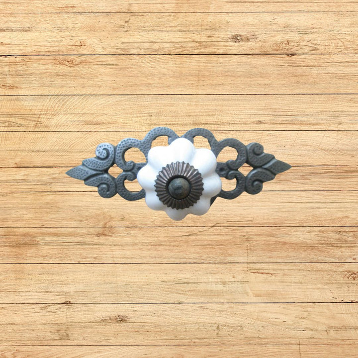 White Ceramic Cabinet Knob with Antique Iron Back Plate