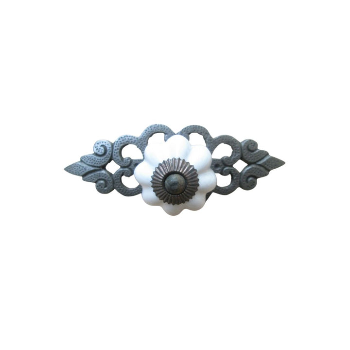 White Ceramic Cabinet Knob with Antique Iron Back Plate