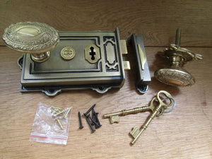 Cast Iron Davenport Rim Lock Antique Brass & Art Nouveau Knob Polished Brass.