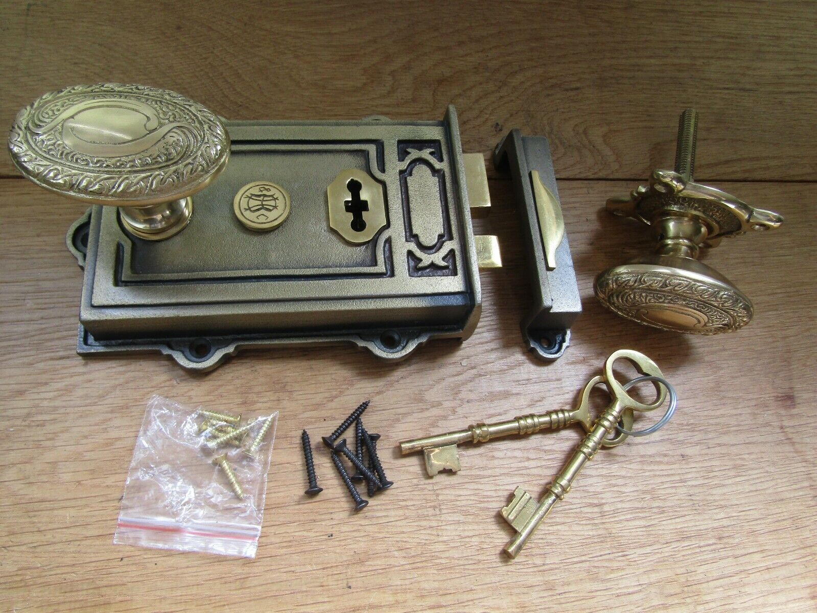 Cast Iron Davenport Rim Lock Antique Brass & Art Nouveau Knob Polished Brass.