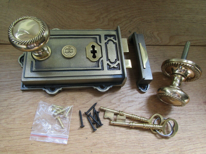 Cast Iron Davenport Rim Lock Antique Brass & Georgian Rim Knob Polished Brass.
