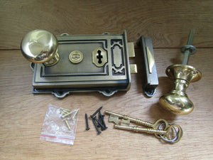 Cast Iron Davenport Rim Lock Antique Brass & Round Victorian Knob Polished Brass.