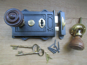 Cast Iron Davenport Rim Lock Antique Iron & Bun Rimmed Black & Teak.