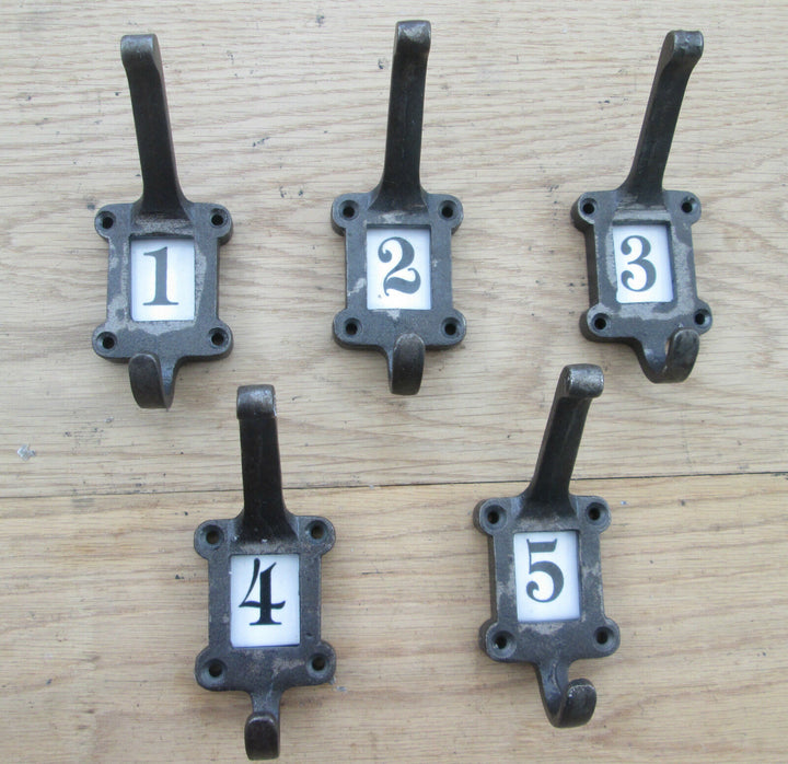 Ceramic Insert 1-5 Numbered Antique Iron Coat Hooks.