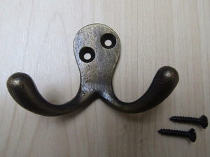 Pack of 5 double robe hooks Antique Brass.