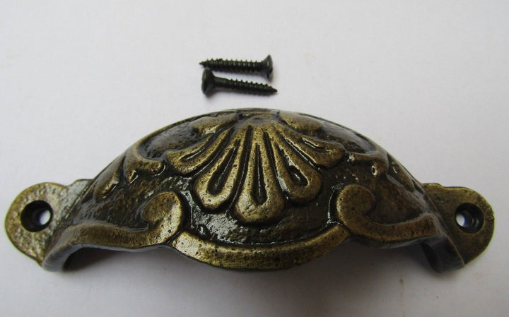 Floral Cup Pull Handle Antique Brass on Iron.