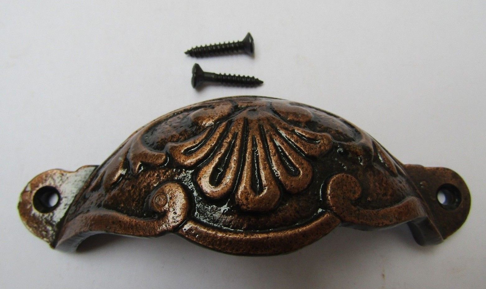 Floral Cup Pull Handle Antique Copper on Iron.