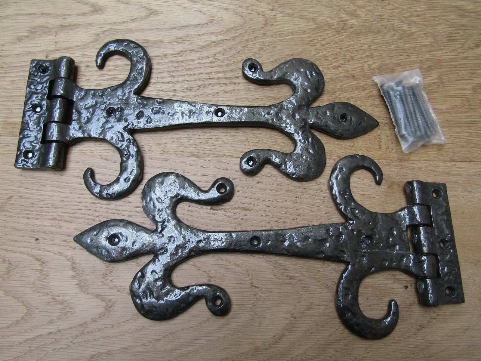 Pair of 12inch Fleur de Lys with curls hinges Antique Iron.