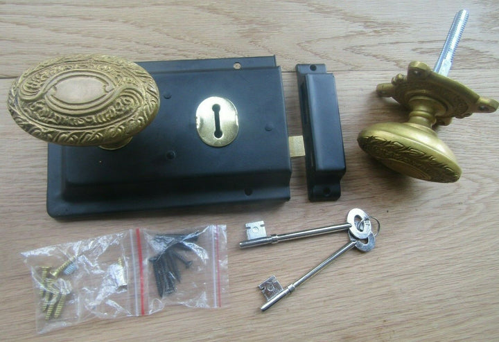 6inch Rim Lock Black & Art Nouveau Antique Brass Knob Set.