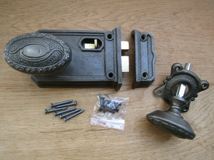 Large Rim Latch & Art Nouveau Rim Knob Set Antique Iron.