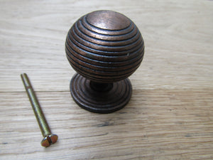 40mm Cast Iron Reeded Cupboard Knob Antique Copper.