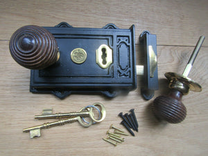 Cast Iron Davenport Rim Lock Antique Iron & Beehive Teak Brass.