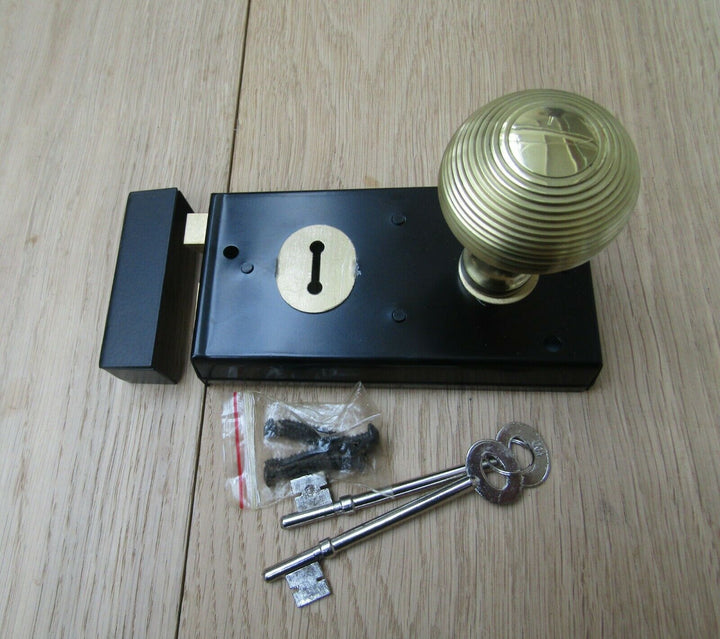 5.5inch Rim Lock Black & Reeded Rim Brass Set.