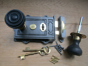 Cast Iron Davenport Rim Lock Antique Iron & Bun Rimmed Black & Brass Set.
