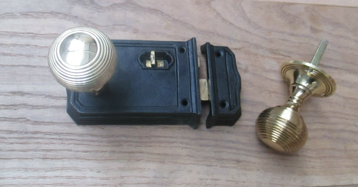 Large Rim Latch Black Antique & Beehive Rim Brass Set.