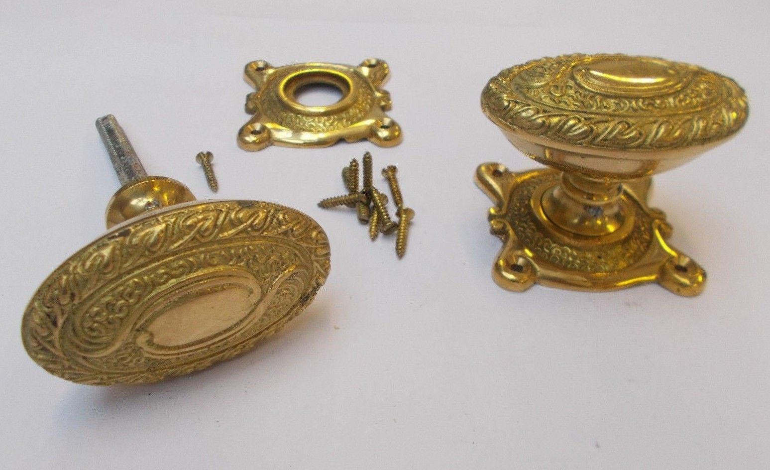 Rim door knob set Oval Art Nouveau Brass.