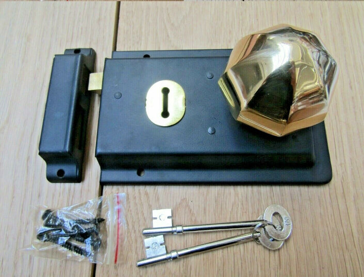 6inch Rim Lock Black & Octagonal Rim Brass Set.