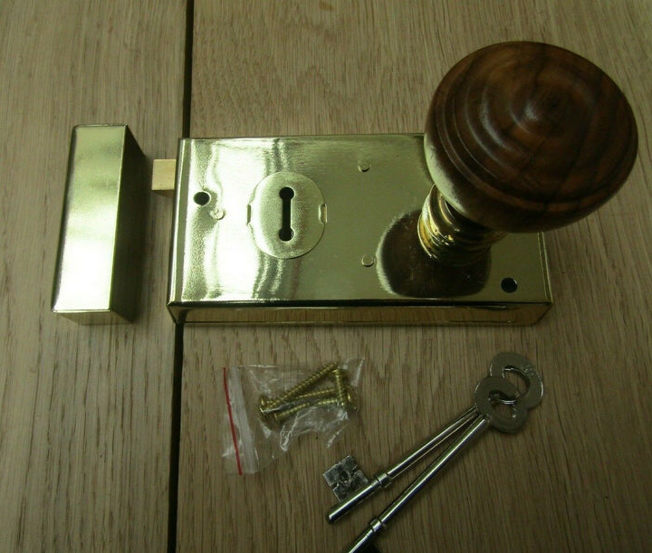 5.5inch Rim Lock Brass & Bun Rimmed Teak + Brass Set.